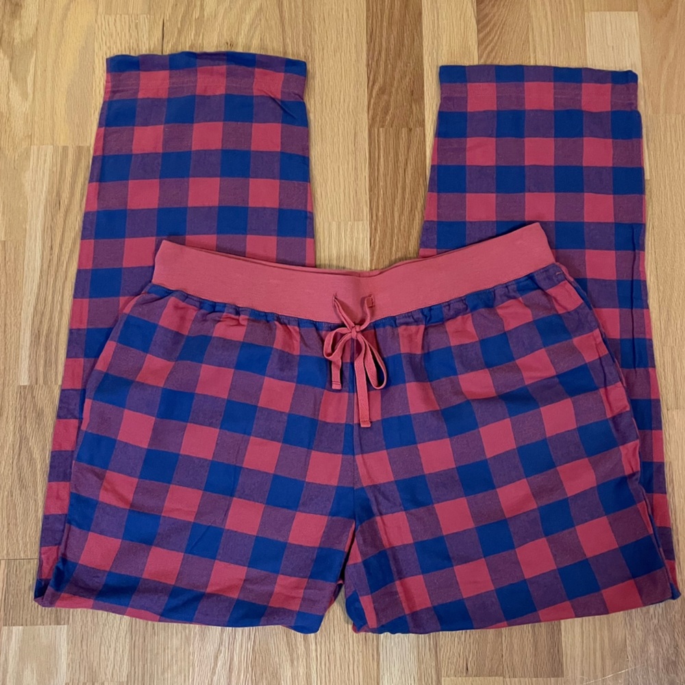 LL Bean 100% Cotton Flannel Pajama Pants w Drawstring Coral Blue Checkered Large